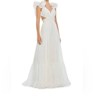 Mac Duggar- Ruffle Shoulder Lace Up Gown